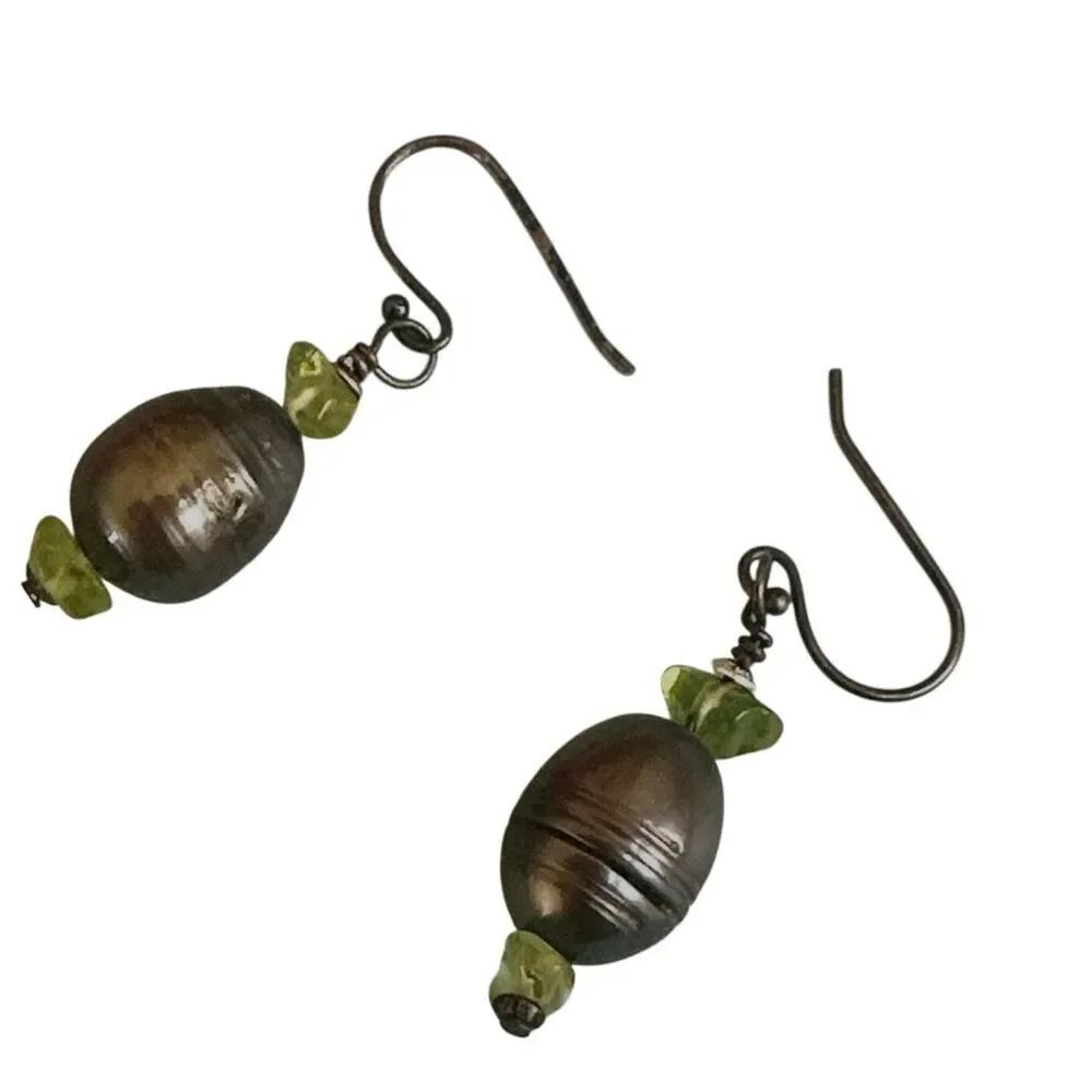Sterling Silver Black Pearl Peridot Drop Earrings